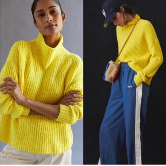 Anthropologie Sweaters - Anthropologie Funnel Neck Chunky Knit Oversized Sweater in Lemon Yellow Sz XS